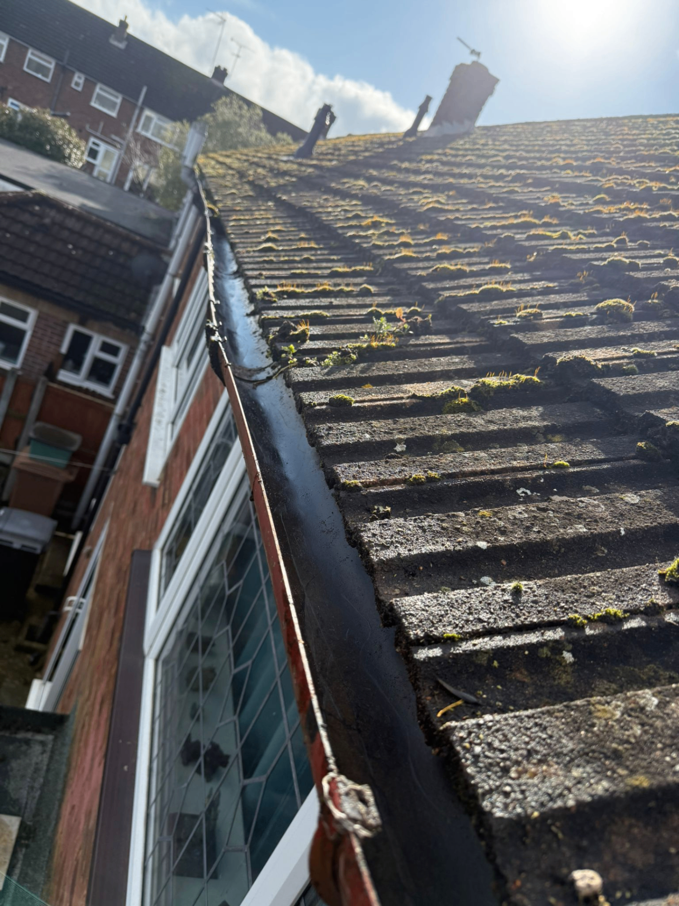 Close-up looking up a moss-covered roof slope and blocked gutter before professional gutter clearing