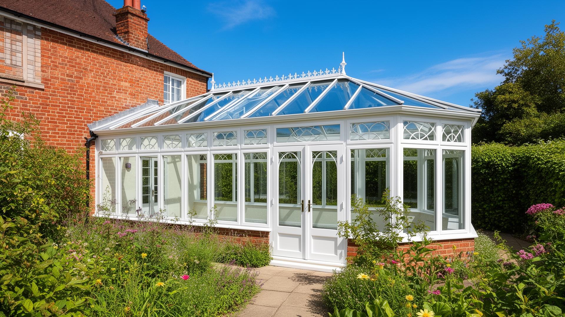 Sparkling clean white conservatory with spotless glass roof attached to a British brick home