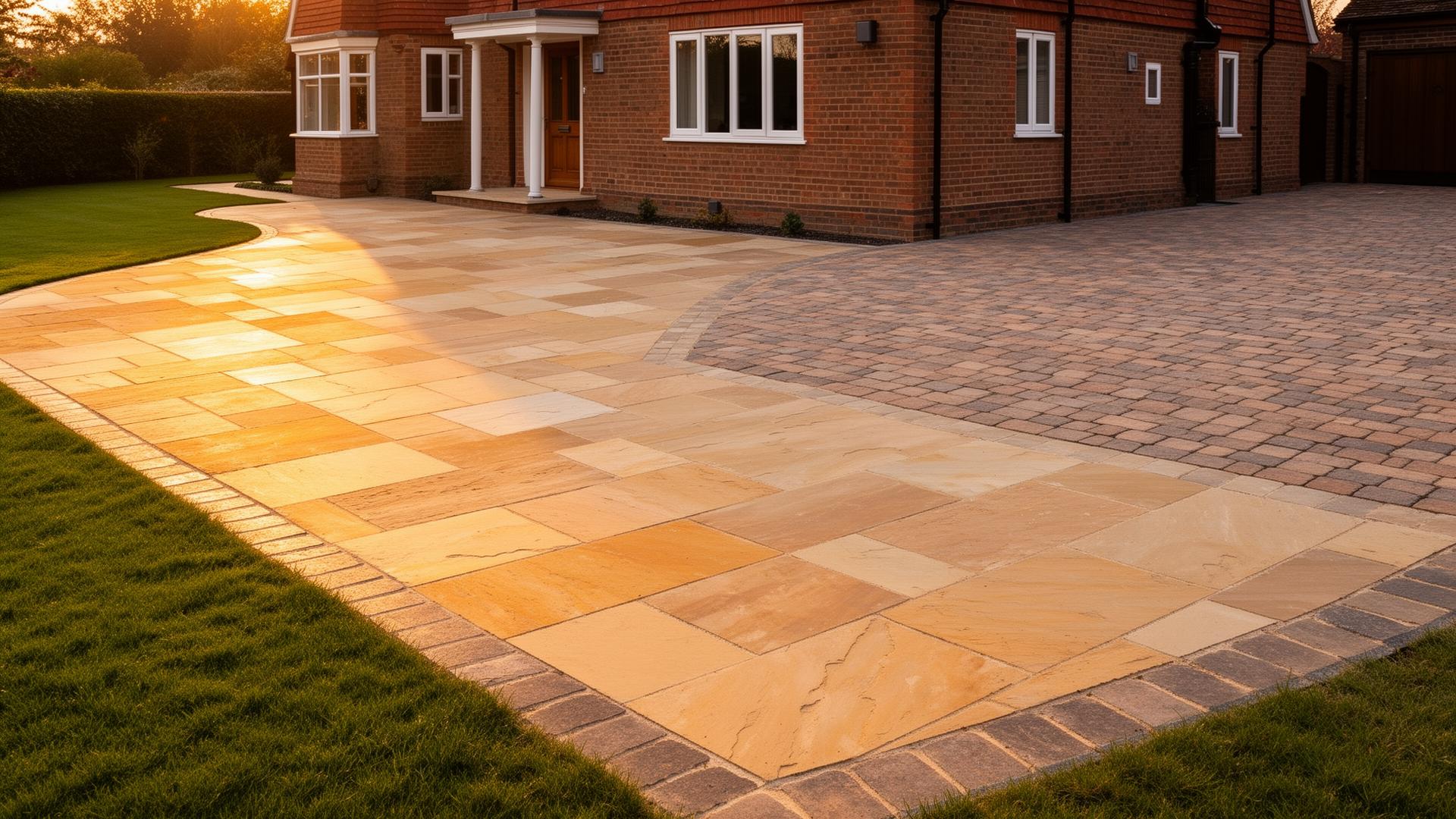 Cleaned natural sandstone patio and block-paved driveway behind a British home in warm evening light