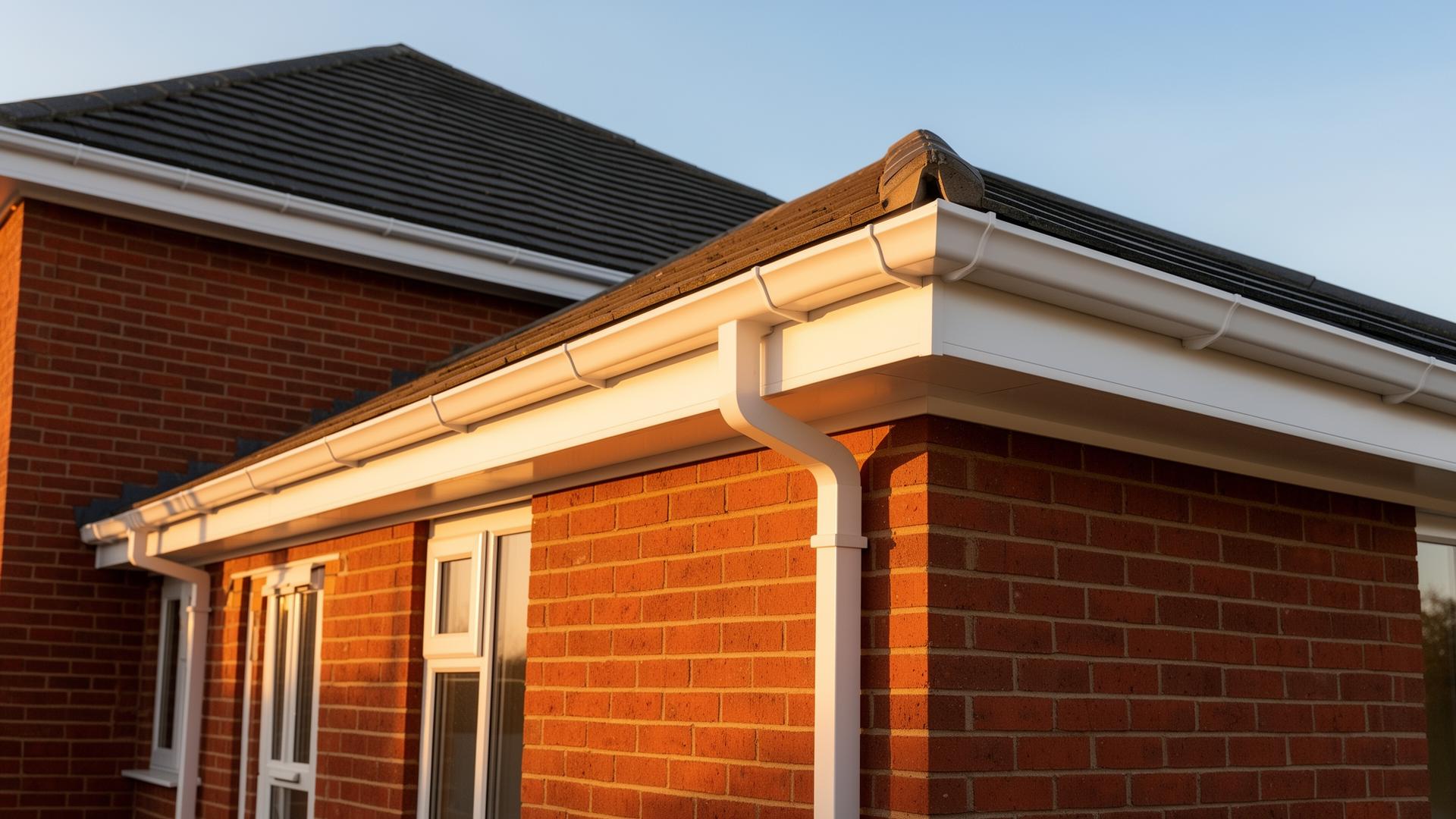 Bright white uPVC fascia boards, soffits and bargeboards along the roofline of a clean red-brick British home